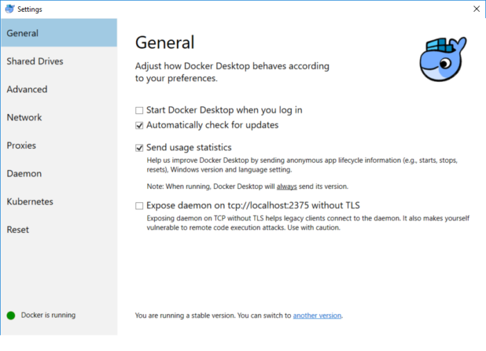 Paramètres de Docker sous Windows 10